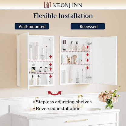 Keonjinn 30 x 26 Inch White Medicine Cabinet Mirror, Assembly Needed, in Wall Medicine Cabinets for Bathroom, Lightweight, Adjustable Shelves, Tempered Glass, Soft Closing, Recessed or Wall Mount