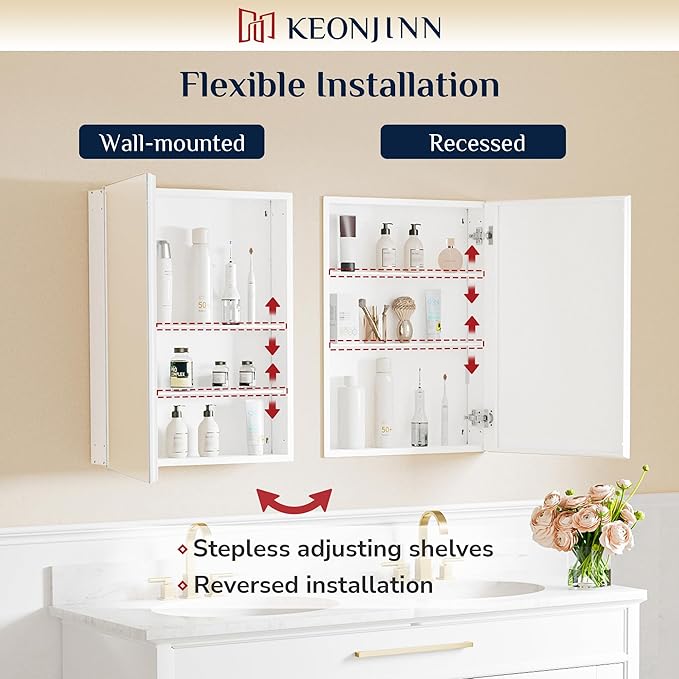 Keonjinn 40 x 32 Inch Large Medicine Cabinet Mirror, Assembly Required, White Bathroom Medicine Cabinets, Aluminum Framework, Adjustable Shelves, Tempered Glass, Soft Closing, Recessed or Wall Mount