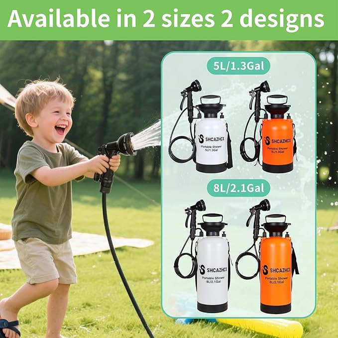 2.1 Gallon/8L Portable Shower, 10 Spray Modes, No Power Needed, Insulated Sleeve Keeps Water Warm, Multi-Use Sprayer for Camping, Beach & Surfing, Fishing, Hiking, Road Trips, Orange