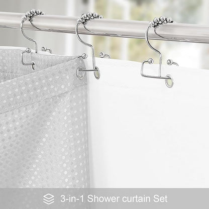 3 in 1 Stall Half Size Light Grey Shower Curtain Set-36 W x 72 H, Modern Waffle Waterproof Fabric and PEVA Liner Set with Stainless Steel Hooks