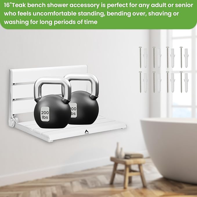 Wall Mounted Shower Seat – 16IN Teak Fold Down Shower Seat for Elderly, Disabled & Pregnant Women – Sturdy Shower Benches for Inside Shower with 400LB Capacity – 2025 Premium White Shower Bench