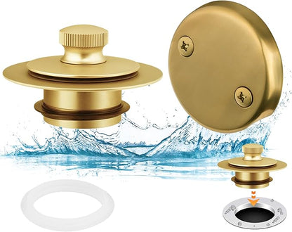 Artiwell Bath Tub Drain Trim Set Conversion Kit Assembly, with Easy Installation Lift and Turn Twist Bathdrain Stopper and Two Holes Tub Drain Overflow Faceplate, Fit Most Bath Drains, Brushed Gold