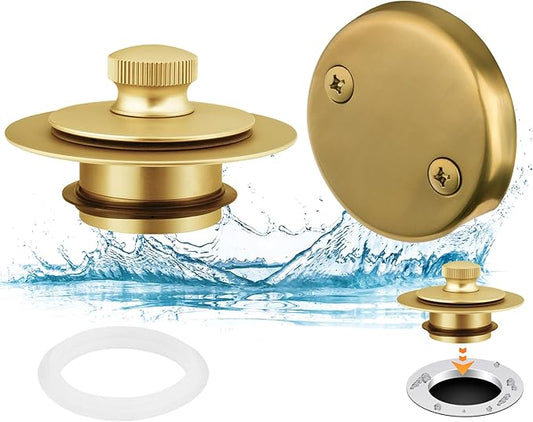 Artiwell Bath Tub Drain Trim Set Conversion Kit Assembly, with Easy Installation Lift and Turn Twist Bathdrain Stopper and Two Holes Tub Drain Overflow Faceplate, Fit Most Bath Drains, Brushed Gold