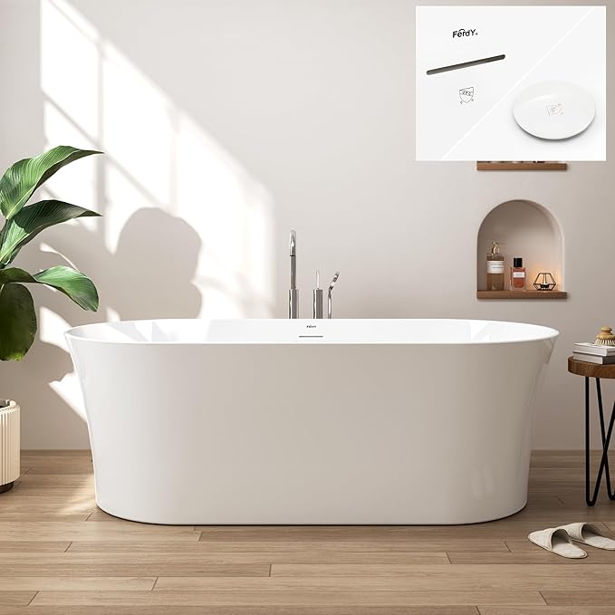 FerdY Santorini 67" Acrylic Freestanding Tub, Gracefully Shaped Contemporary Soaking Tub, Glossy White, cUPC Certified, White Toe-tap Drain and