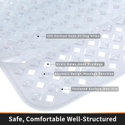 Yimobra Bathtub Mat Non Slip, Super Strong Suction Cups, 27.5"x15.5" Long Shower Mat with Drain Holes, Machine Washable Fast Draining Bath Mats, Bathroom Essentials,Clear