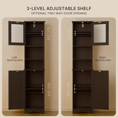 Gizoon Tall Bathroom Storage Tower, Freestanding Linen Cabinet with Two-Way Doors, Adjustable Shelves, Anti-Tip Floor Cabinet, for Home, Kitchen, Living Room, Dark Brown