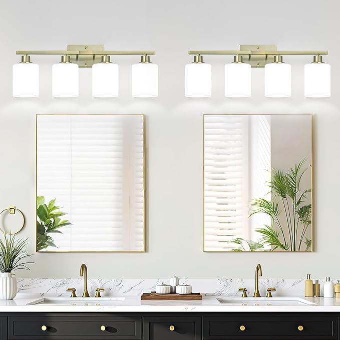4-Light Bathroom Light Fixtures, Aged Brass Vanity Light with Milky White Shades, Bathroom Lighting Fixtures Over Mirror, Modern Bathroom Wall Lamp for Mirror Living Room Cabinet Bedroom