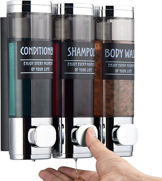 Shampoo and Conditioner Dispenser,GlintGath Shower Dispenser 3 Chamber No Drill Shampoo Dispenser for Shower Wall Mounted Shower Soap Dispenser for Bathroom Hotel,3 * 300ML,Chrome