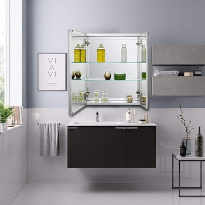 Fundin Bathroom Wall Mount Cabinet with Two Glass Shelves, 20 x 24 Inch Recess or Surface Mount Medicine Cabinet, Frameless Mirror Door Cabinet