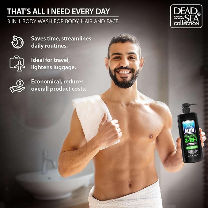 Dead Sea Collection Mens Body Wash 3 in 1 – Peppermint Body Wash for Men – Shower Gel – Shampoo – Shower Soap for Face and Hair – Pack of 2 Bottles (33.8 Fl. Oz. Each)