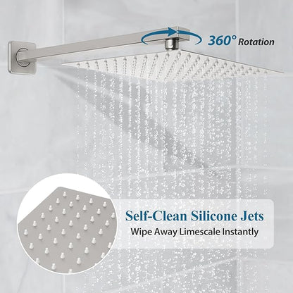 Brushed Nickel Square Shower Head with Handheld Set, Rainfall Shower System Modern Wall Mounted Shower Faucet for Bathroom 10 inch (With Shower Valve)