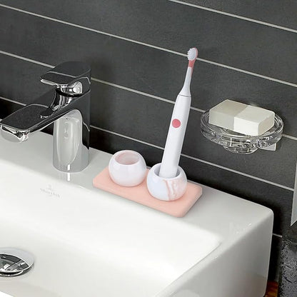 2 Pack Ceramic Toothbrush Holder with Diatomite Toothbrush Tray for Bathroom Shower Countertop Storage Organizer, Small Toothpaste Razor Electric Tooth Brush Head Stand (Pink)