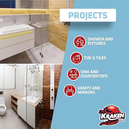 Kraken Bond Premium Kitchen and Bathroom Silicone Caulk Clear - (12x10.1 fl.oz) RTV Clear Silicone Sealant Waterproof for Kitchen, Bathroom, Shower, Sink, Anti Shrink 100% Silicone Caulking | 12 Pack