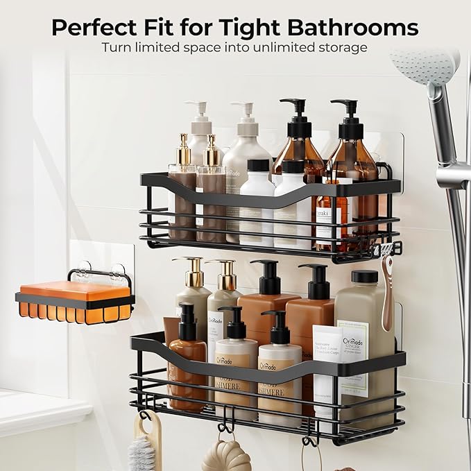 Orimade Shower Caddy Basket Soap Dish Holder Shelf with 5 Hooks Bathroom Organizer Shelf Kitchen Storage Rack Wall Mounted Adhesive No Drilling SUS304 Stainless Steel - 3 Pack,Black