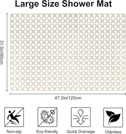Anti Slip Shower Mat with Suction Cups,31.5x47.2 Inch Quick Drain TPE Non Slip Shower Mats for Inside Shower,Large Bath Mat for Shower Soft on Feet, Easy to Dry&Cut Machine Washable
