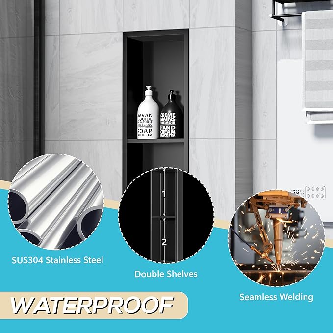 Stainless Steel Shower Niche 24" X 8", No-Tile Needed Wall Niche Double Shelves, Recessed Shower Storage, Matte Black