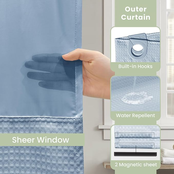Inhousolu Long No Hook Shower Curtain with Snap in Fabric Liner Set Waffle Weave 230GSM Weighted Hem, Waterproof & Washable Bathroom Curtain Spa Luxury with Mesh Top Window 72" W x 78" L Fog Blue