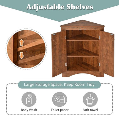 Corner Storage Cabinet with Adjustable Shelves, Triangle Bathroom & Kitchen Organizer, Freestanding Floor Cabinet for Toilet Kitchen Bathroom Cleaning Supplies (Brown)