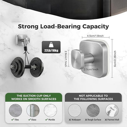 2Pcs Square Suction Cup Hook, 304 Stainless Steel Shower Hook, Removable Suction Cup Knob for Shower, Bathroom, Kitchen, Glass Door, Mirror (Silver)