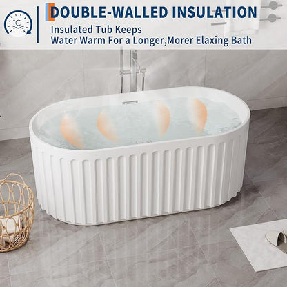 GarveeLife Freestanding Bathtubs 59 inch Glossy White Acrylic Soaking Tub – Modern Striped Freestanding Bath Tub with Overflow, Pop-Up Drain & Hidden Drainage for Home Spa and Bathroom Upgrade