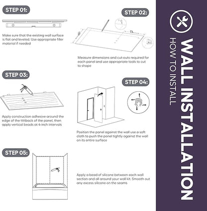 White Acrylic Shower Wall Surround 36"x 60"x 80" - Waterproof, Easy-to-Install, Two Shelf Units Kit Included - Shower Wall Surround Panels - Stacked Tiles Pattern, Classic Shelves