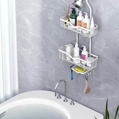 Kadolina Shower Caddy Hanging, Bathroom Shower Rack, Bathroom Organizer with Soap Dish, Over The Showerhead Caddy with Hooks for Razor/Sponge, Soft White (Assembly Required)
