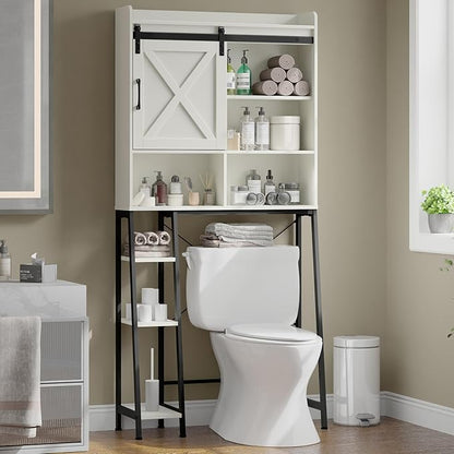 Vabches Over The Toilet Storage Cabinet, Farmhouse Storage Cabinet Over Toilet with Sliding Door & Toilet Paper Holder Stand, Home Space-Saving Toilet Rack for Bathroom, Restroom
