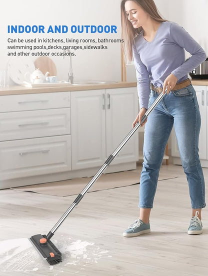 Floor Scrub Brush with Long Handle,3 in 1 Multi-Angle Heavy Duty Stiff Bristle Scrubber with Squeegee and Tweezer,Shower Brush for Cleaning Shower Bathroom,Patio,Garage, Kitchen,Deck and Wall