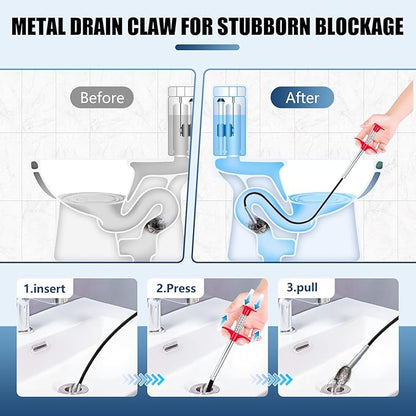 24'' Flexible Grabber Claw (4 Claws), Drain Snake with Tweezers, Bendable Hose Grabber Reacher Tool, Retractable Drain Clog Remover Tool, Pickup Tool for Bath Tub, Toilet, Kitchen Sink & Sewer