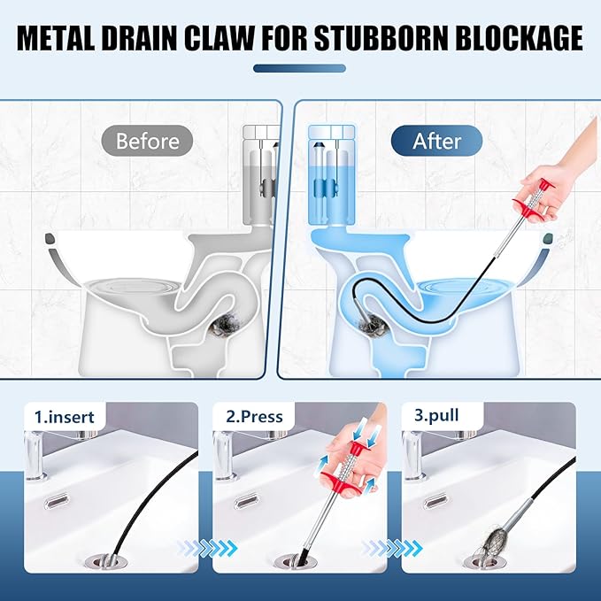 22 '' Flexible Grabber Claw (4 Claws), Drain Snake with Tweezers, Bendable Hose Grabber Reacher Tool, Retractable Drain Clog Remover Tool, Pickup Tool for Bath Tub, Toilet, Kitchen Sink & Sewer