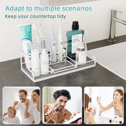 Toothbrush Holders, Bathroom Organizers and Storage with Instant Drying Stone, 6 Slots Bathroom Accessories with Adjustable Toothpaste Holders, Bathroom Counter Organizer, White