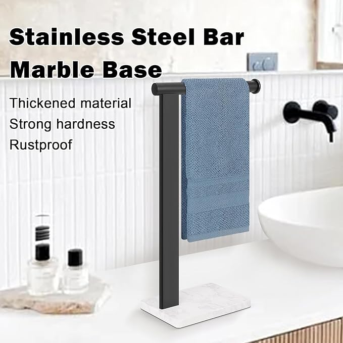 Stainless Steel L-Shaped Hand Towel Holder, SUS304 Bathroom Towel Rack with Thickened Base for Countertop Vanity (Matte Black, Square Base)