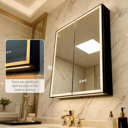 Aluminum Medicine Cabinet with Light,Stepless Glass Shelf,3 Colors Temperature,Dimmer,Backlit Lighting,Internal Light,USB Shaver Socket,Defogger,61cm×76cm