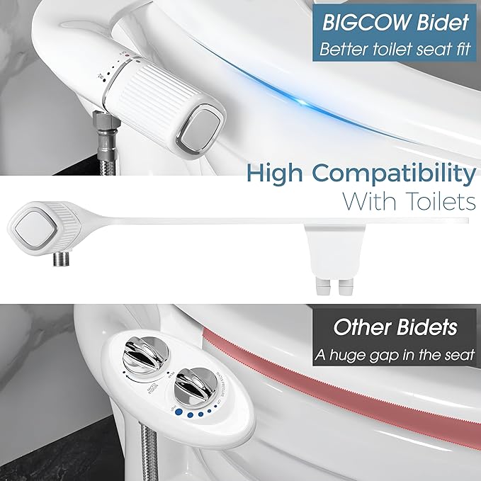 BIGCOW Ultra-Slim Bidet Attachment for Toilet - Dual Nozzle (Frontal & Rear Wash) with Adjustable Cold Water Pressure and Stainless Steel Inlet - Hygienic Solution for Fresh Cleanliness, Silver 2 Pcs