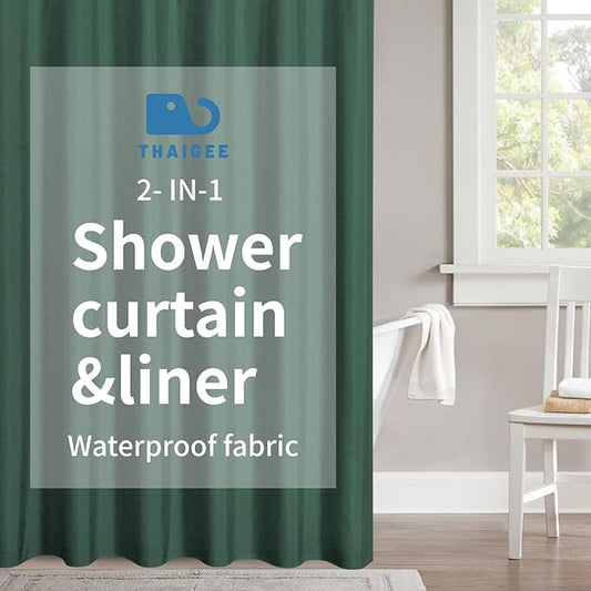 2-in-1 Waterproof Fabric Shower Curtain or Liner,Linen Textured,Breathable TPU & Washable Bathroom Shower Curtain Set with 12 Plastic Hooks,Modern,72"x72" Emeraldgreen