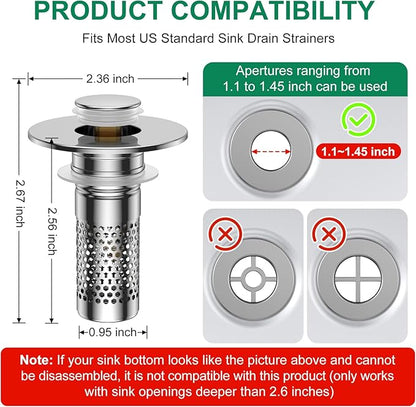 Bathroom Sink Drain Strainer,Universal Pop-Up Sink Stopper Hair Catcher, Stainless Steel Anti-Clog Drain Filter Basket, Removable Sink Drain for Bathroom Sink Stopper Replacement (Silver-4pcs)