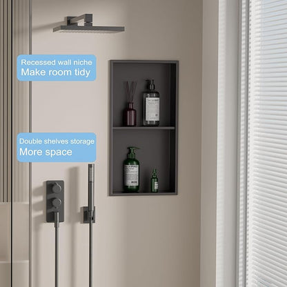 No Tile Needed Shower Niche for Bathroom Storage,Recessed Wall Niche,Double Shelves,Stainless Steel(Black, 24 * 12 in)