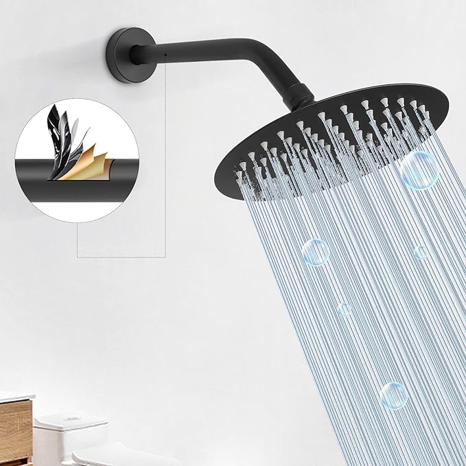 HarJue Shower Arm with Flange and Teflon Tape, Wall Mounted Shower Pipe 304 Stainless Steel Extension Arm for Fixed Shower Head & Handheld (10 Inch, Matte Black)