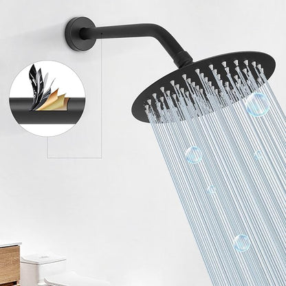 HarJue Shower Arm with Flange and Teflon Tape, Wall Mounted Shower Pipe 304 Stainless Steel Extension Arm for Fixed Shower Head & Handheld (10 Inch, Matte Black)