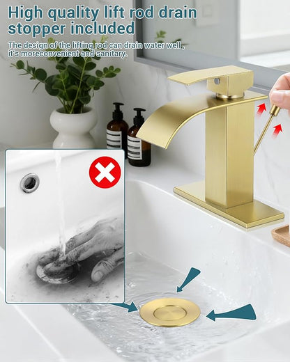 Bathroom Faucets with Lift Rod Drain Brushed Gold Waterfall Bathroom Sink Faucet Modern Single Handle Bathroom Faucet for 1 or 3 Hole Mxier Tap Washbasin Faucet with Deck