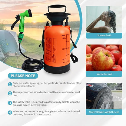 Portable Shower Orange 5L with 7 Spray Modes, Hand Press with Removable Hose and Shower Head