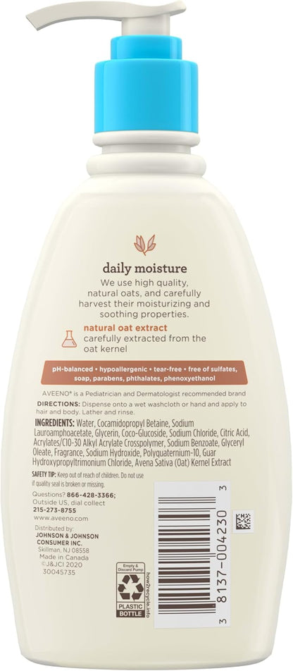 Aveeno Baby Daily Moisture Gentle Body Wash & Shampoo with Oat Extract, 2-in-1 Baby Bath Wash & Hair Shampoo, Tear- & Paraben-Free for Hair & Sensitive Skin, Lightly Scented, 12 fl. oz