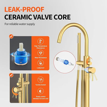 Freestanding Bathtub FaucetFloor Mount Bathtub Filler Shower Mixer Faucet with Handheld Shower Sprayer Swivel, Side Inlet，Gold