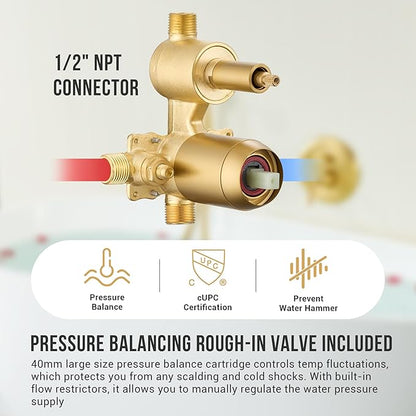 DASAN Antique Wall Mount Tub Filler Faucet with Hand Held Shower, Brushed Gold Brass Bathtub Faucet with Sprayer Wall Mounted Roman Bath Tub Faucet Set with High Flow Rough in Valve, AT201TF-BTG