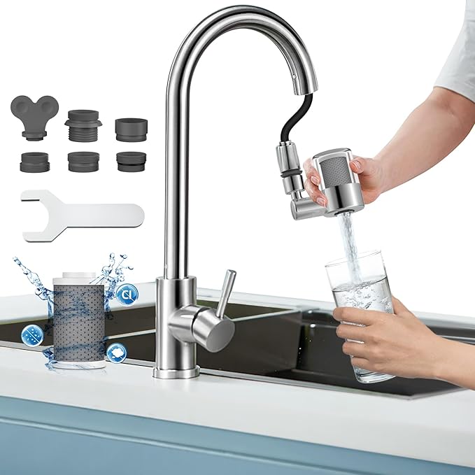 CECEFIN Swivel Water-Filter for Sink-Faucet - Faucet Mount Water Filtration System, Carbon Purifier Reduces 99% Chlorine, Last 528 Gallons Tap Water, Fits Most Pull Out Kitchen/Bathroom/RV Faucets