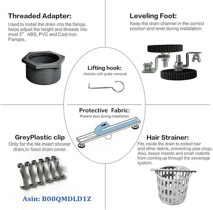 Neodrain 42-Inch Linear Shower Drain with Tile Insert Grate,Brushed 304 Stainless Steel Rectangle Shower Floor Drain, Linear Drain with Leveling Feet, Hair Strainer