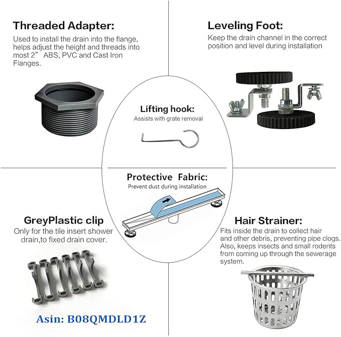 Neodrain 48-Inch Linear Shower Drain with Tile Insert Grate,Brushed 304 Stainless Steel Rectangle Shower Floor Drain, Linear Drain with Leveling Feet, Hair Strainer