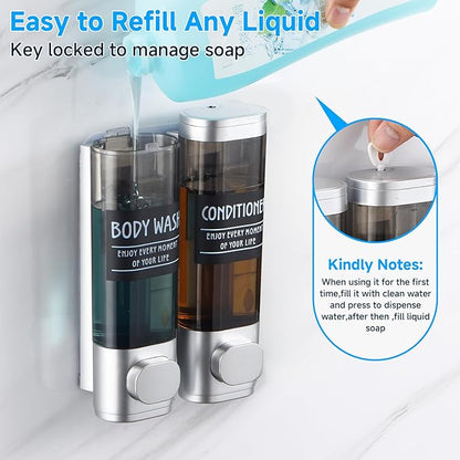 Shampoo and Conditioner Dispenser,GlintGath Shower Dispenser 2 Chamber No Drill Shampoo Dispenser for Shower Wall Mounted Shower Soap Dispenser for Bathroom Hotel,2 * 300ML,Silver