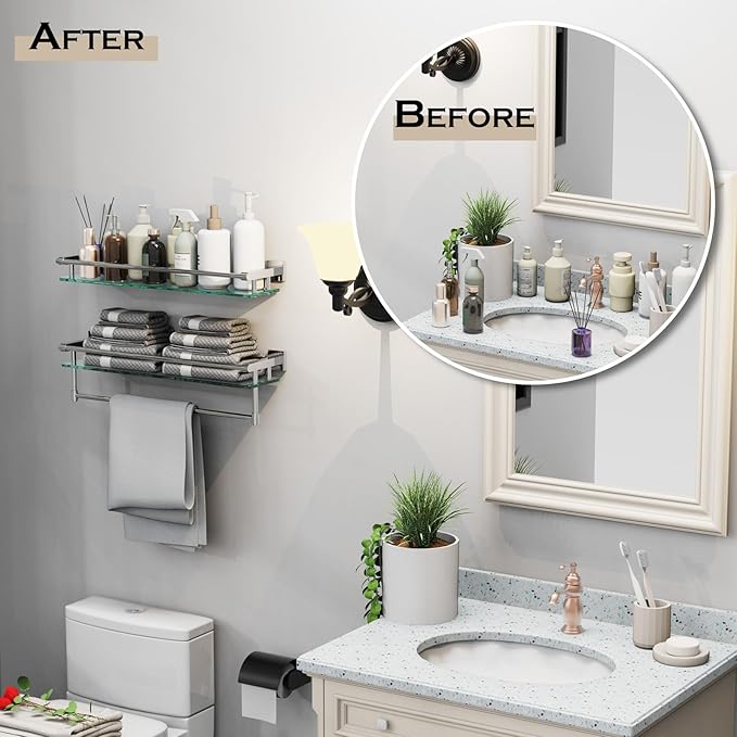 Glass Shelf for Bathroom Wall Sheves 24 inches Rectangular Stainless Steel Tempered Glass Modern Wall Mount Accessories Organizers Storage (Chrome Polished, 24‘’)