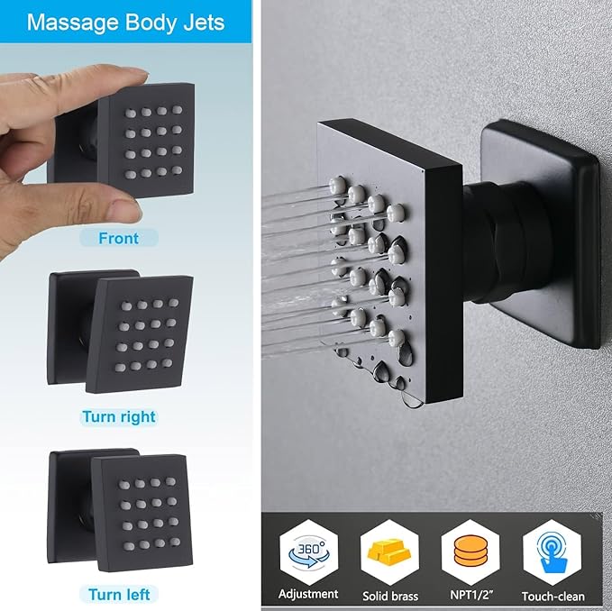 Thermostatic Shower System Oil Rubbed Bronze Tub Shower Faucet Set with Tub Spout and 12 Inch Wall Mounted LED Rainfall Full Body Shower Head, 6 PCS Body Jets, Handheld Shower